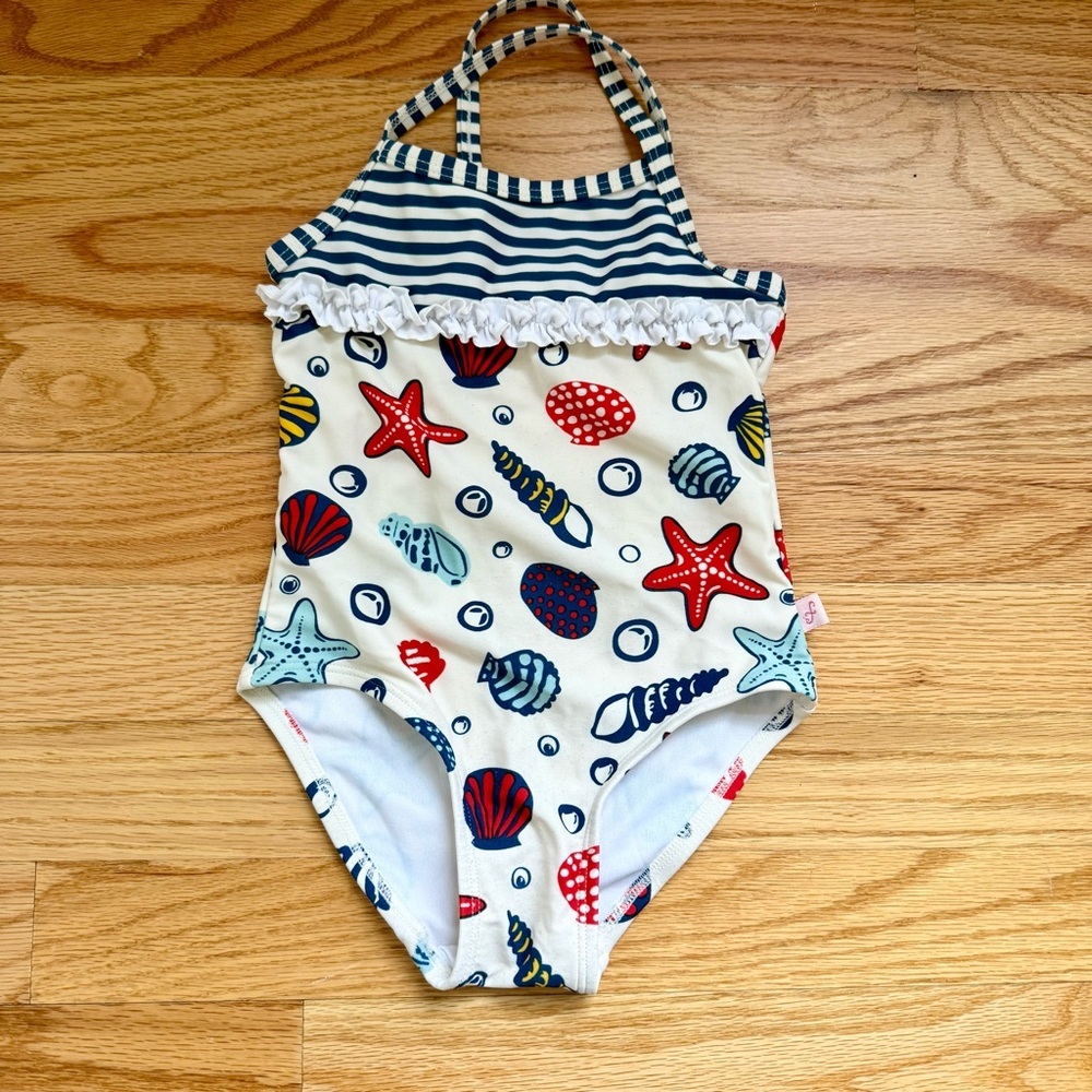 White and Red One Piece Toddler Girl Swimsuit with Nautical Print